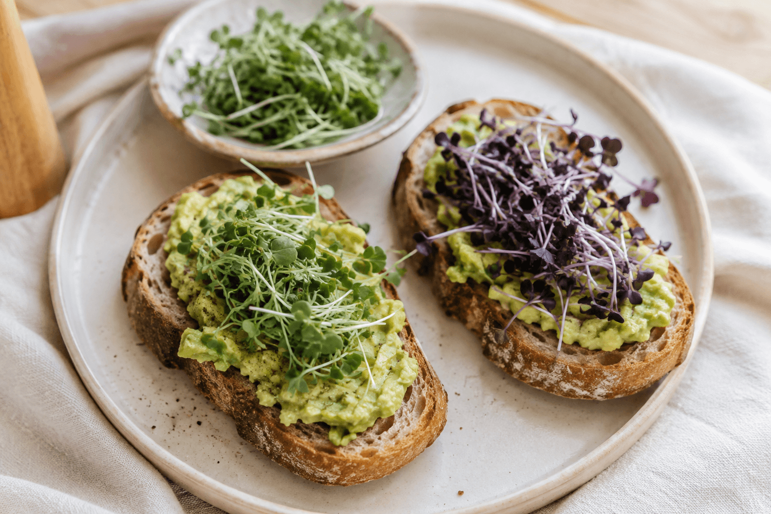Avocado toast topped with broccoli and purple radish microgreens beside a bowl of pea shoots