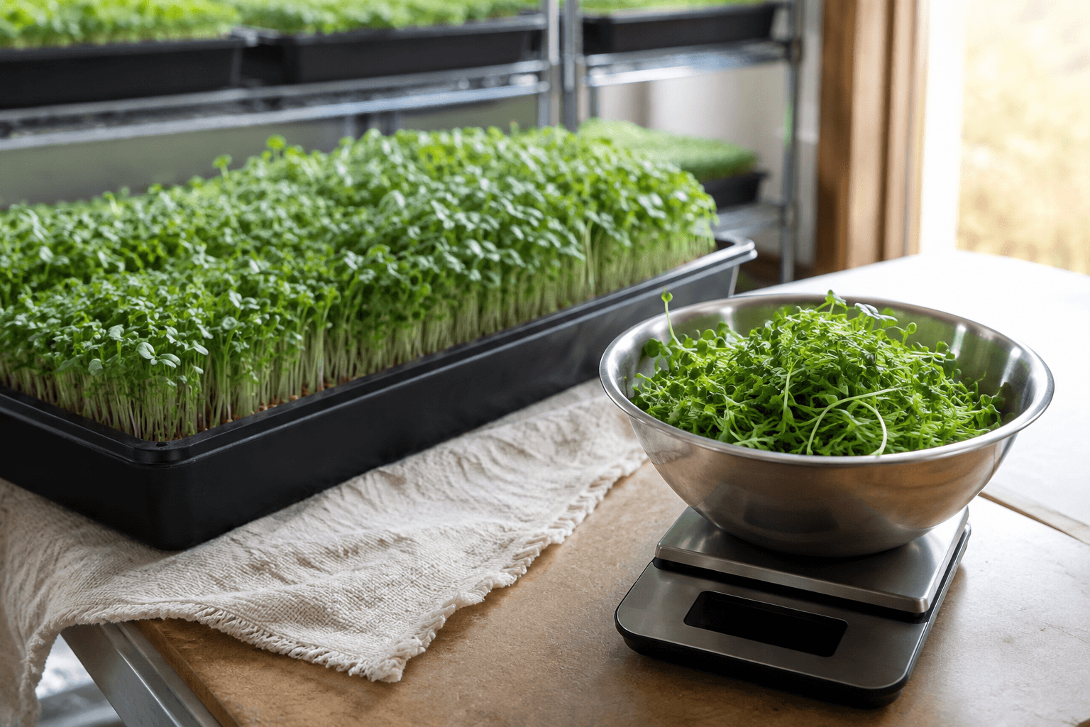 Harvested microgreens in a stainless bowl on a kitchen scale beside a growing tray