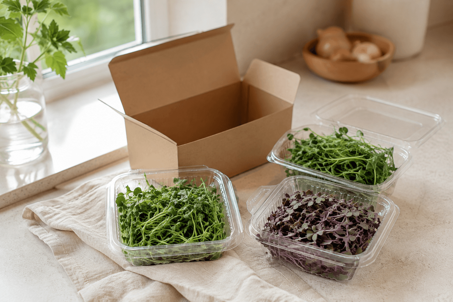 Clear packs of harvested microgreens beside a plain kraft carry box on a kitchen counter