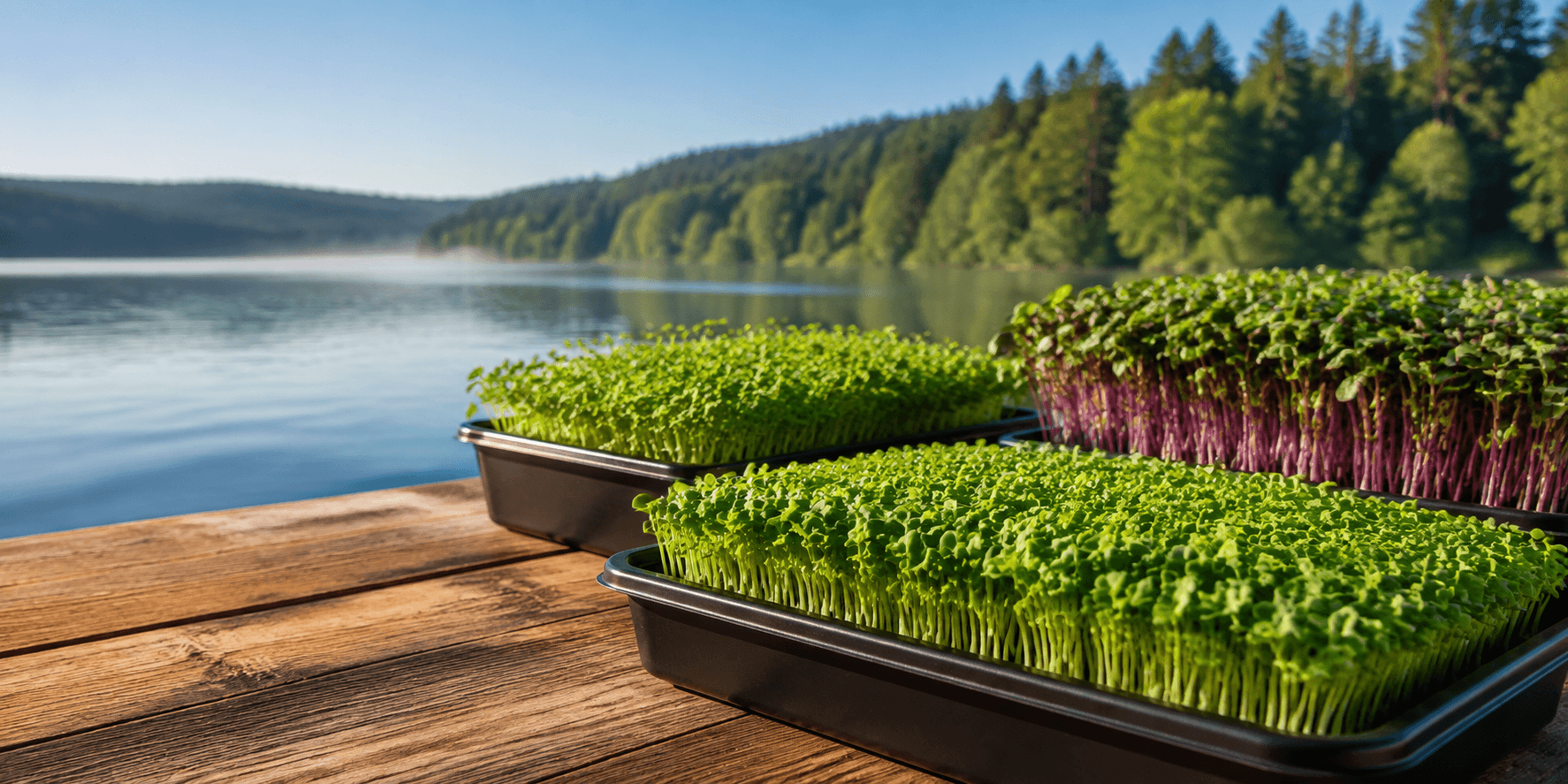 Concept scene of trays of microgreens beside a lake