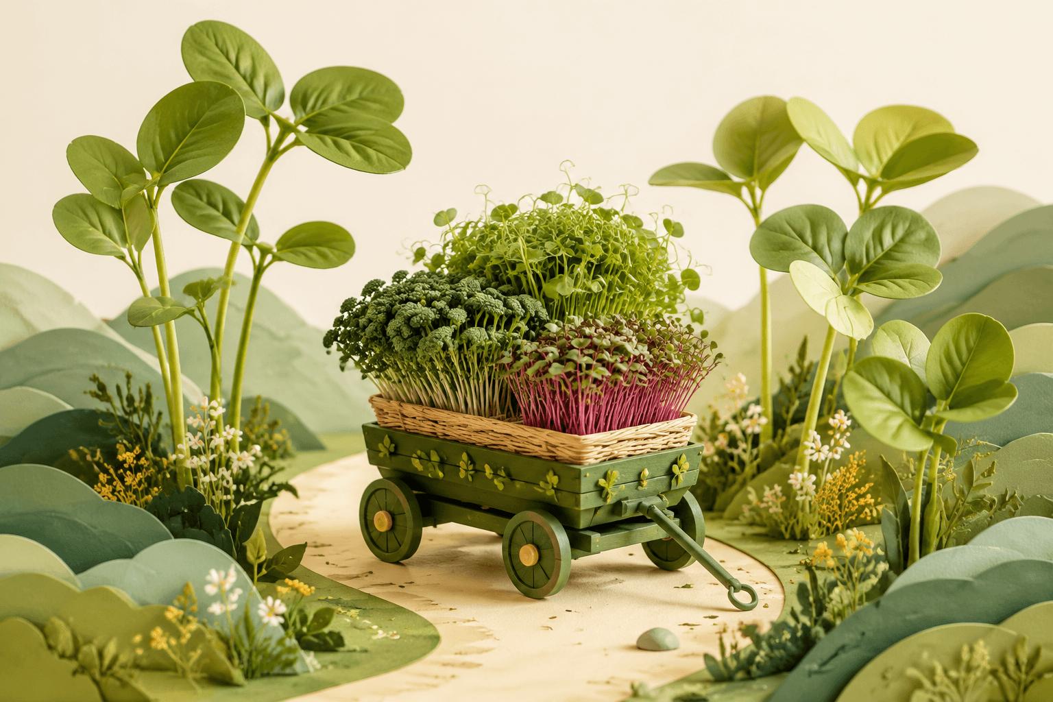 Small green harvest wagon carrying microgreens through a giant botanical garden