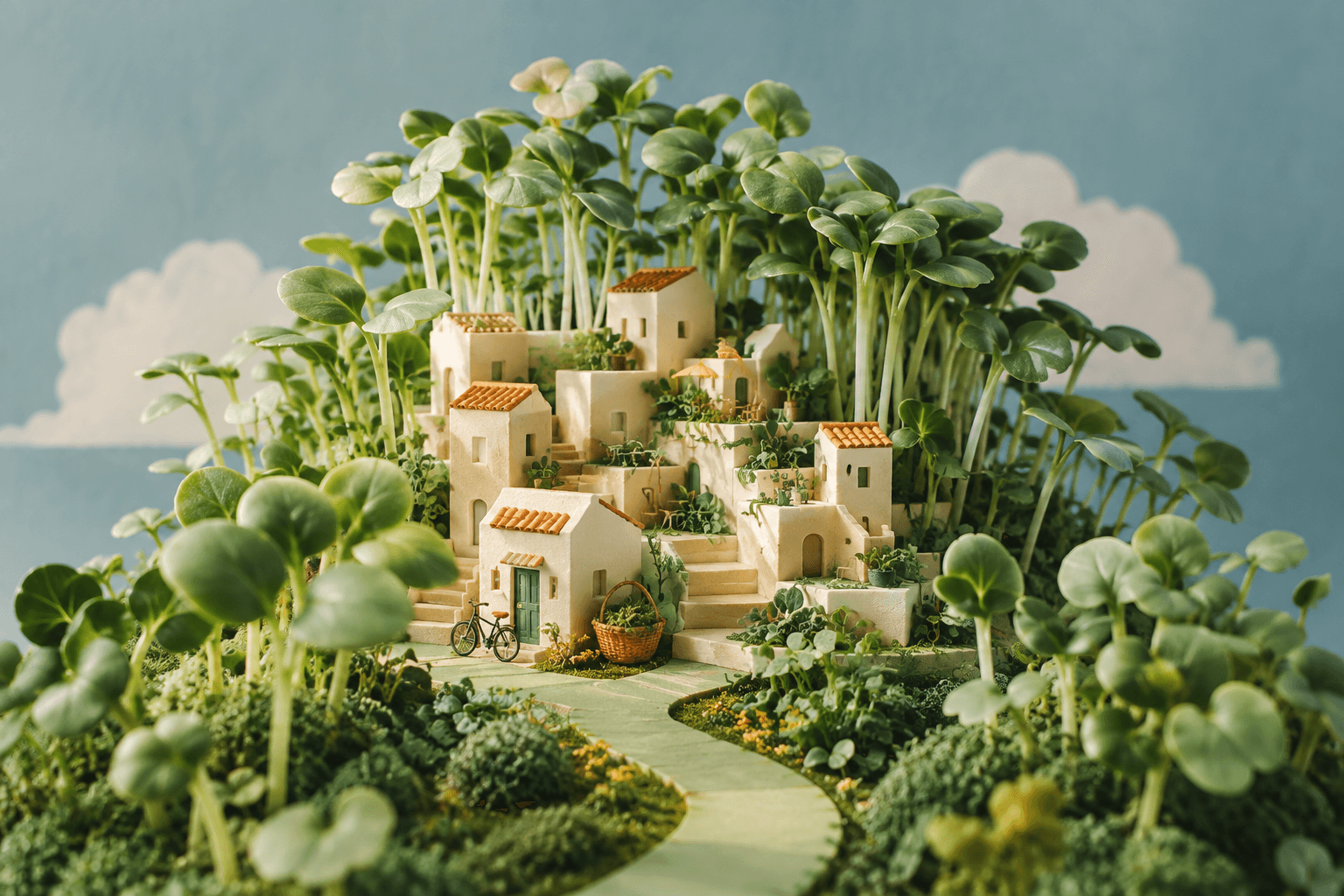 Miniature cream-colored neighborhood surrounded by towering broccoli microgreens