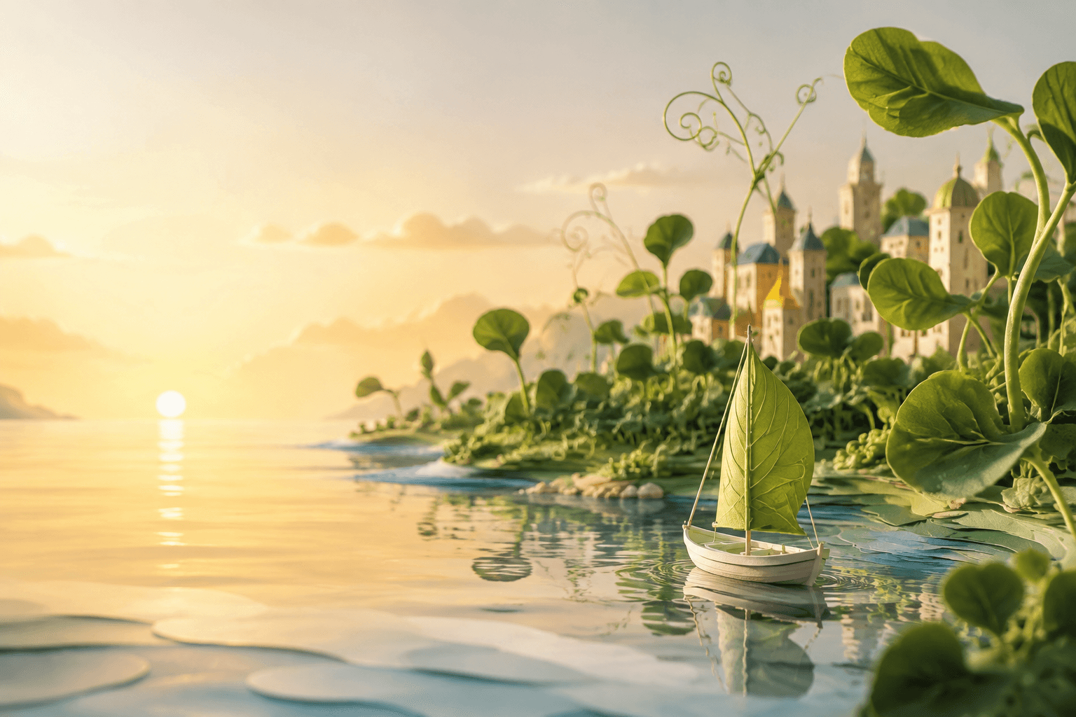 Whimsical leaf-sail boat on a golden lake beside giant microgreens