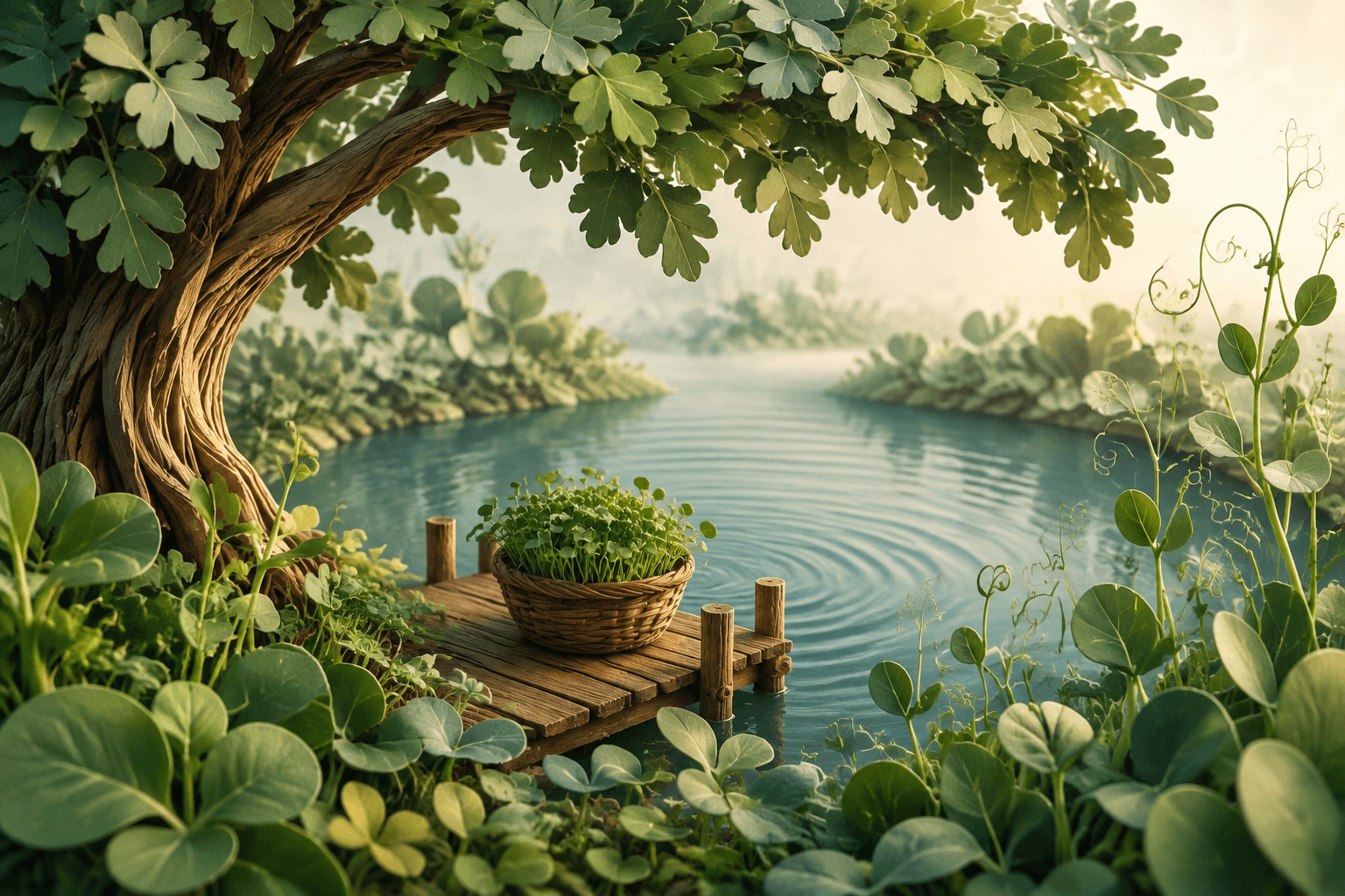 Fantasy oak-shaded cove with a basket of microgreens on a small wooden dock