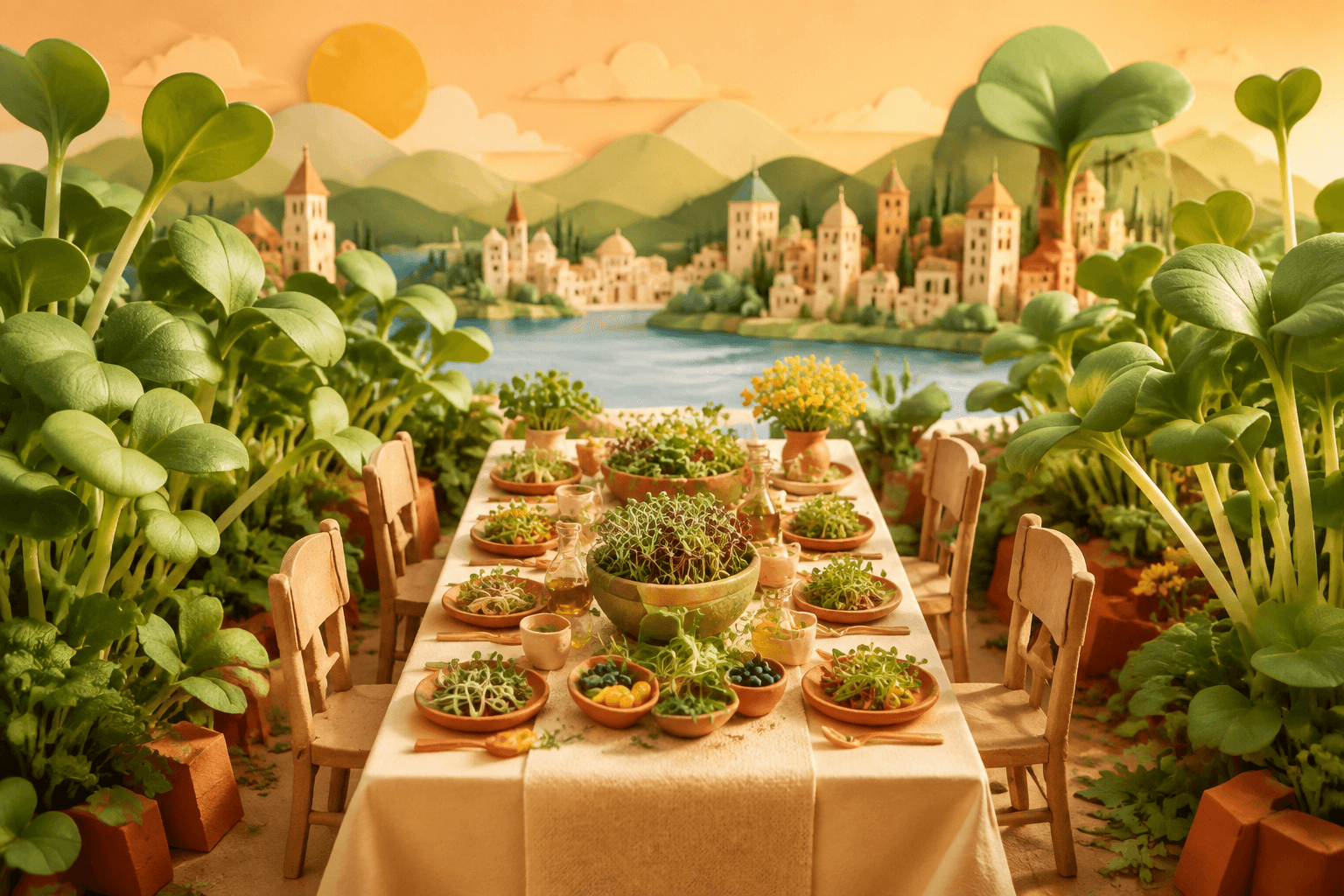 Miniature garden dining table surrounded by oversized microgreens at sunset