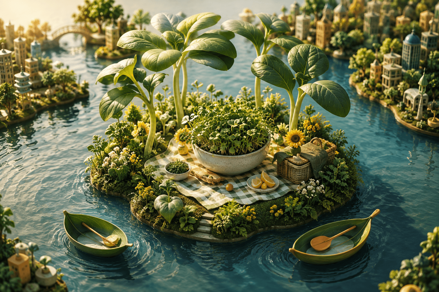 Fantasy picnic island shaded by sunflower shoots with leaf-shaped boats