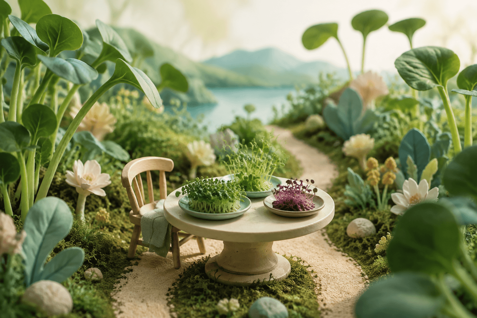 Imaginative garden tasting table with three varieties of microgreens
