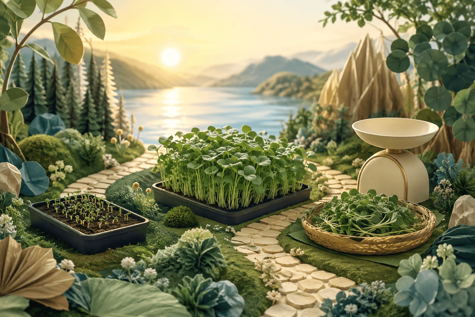 Imaginative seedling tray, mature greens and harvested basket beside a scale
