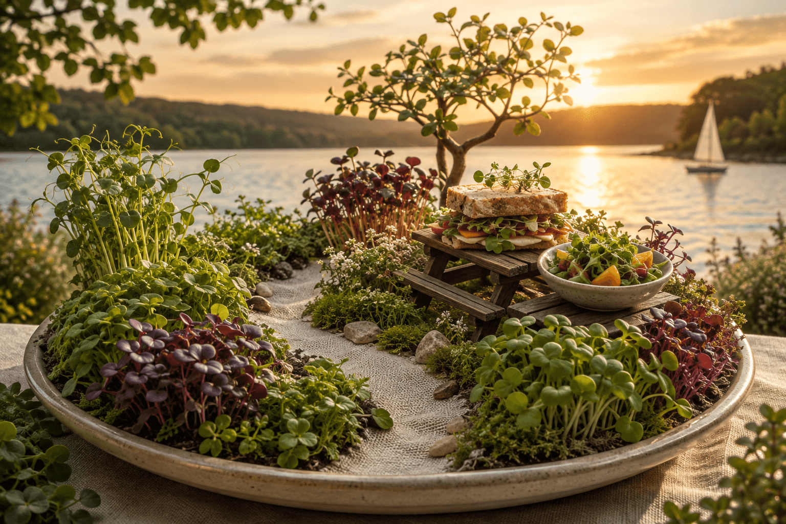 Miniature lakeside picnic garden with a sandwich and salad surrounded by microgreens