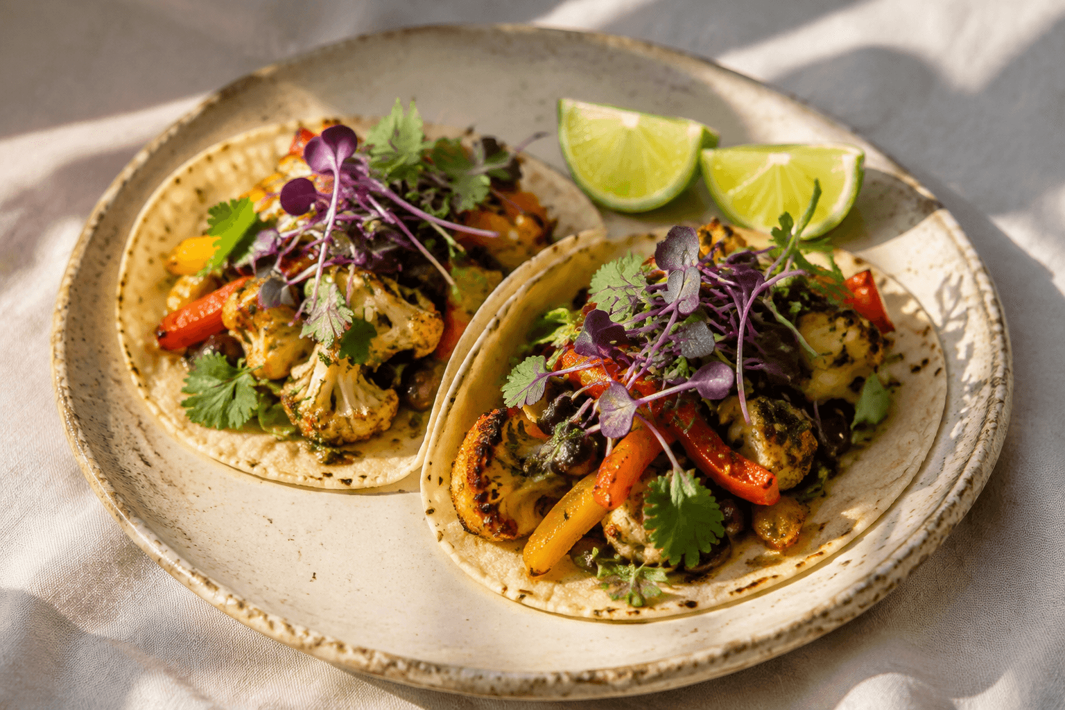 Roasted vegetable tacos topped with purple radish microgreens and served with lime