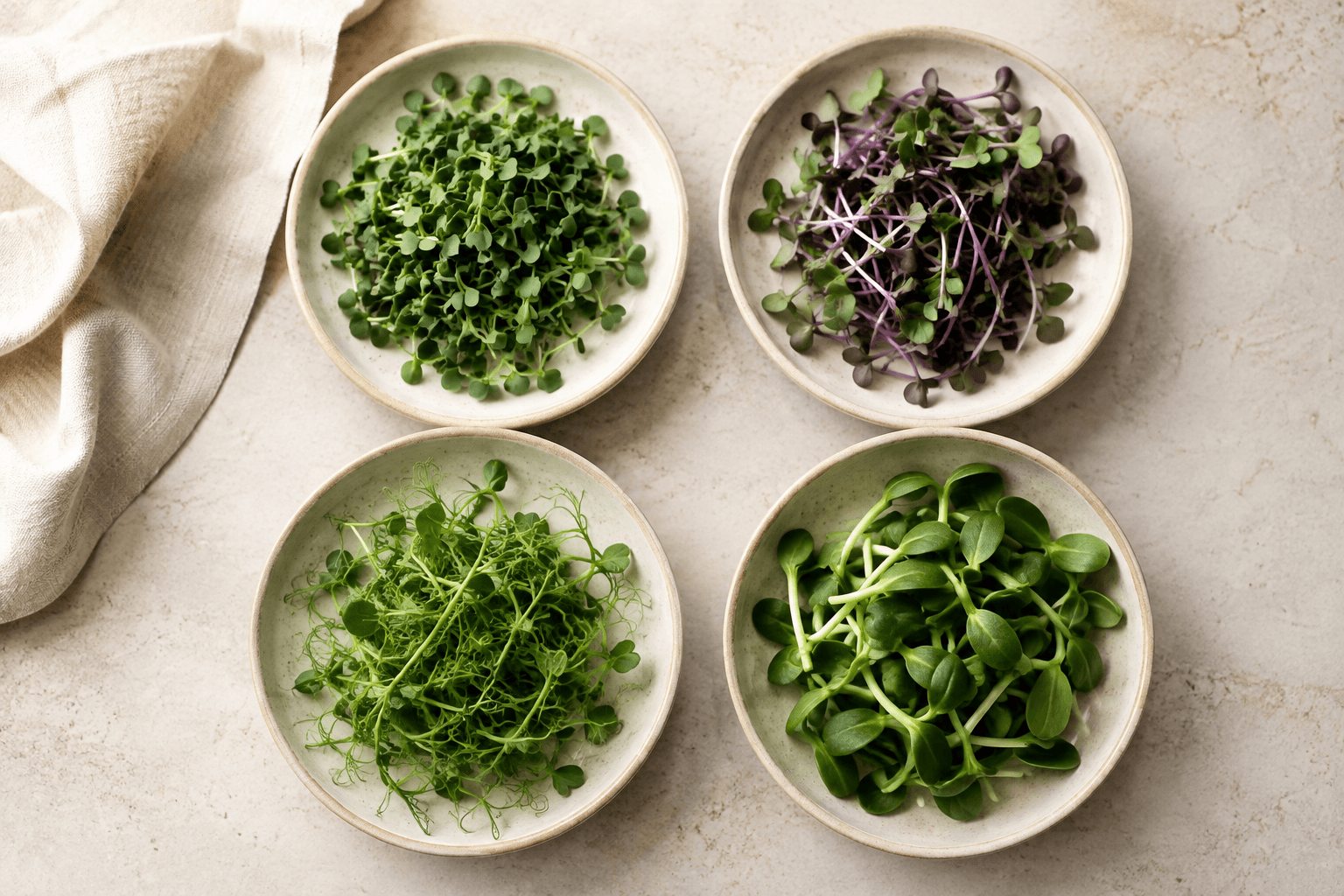 Four ceramic dishes of broccoli, radish, pea shoots and sunflower microgreens