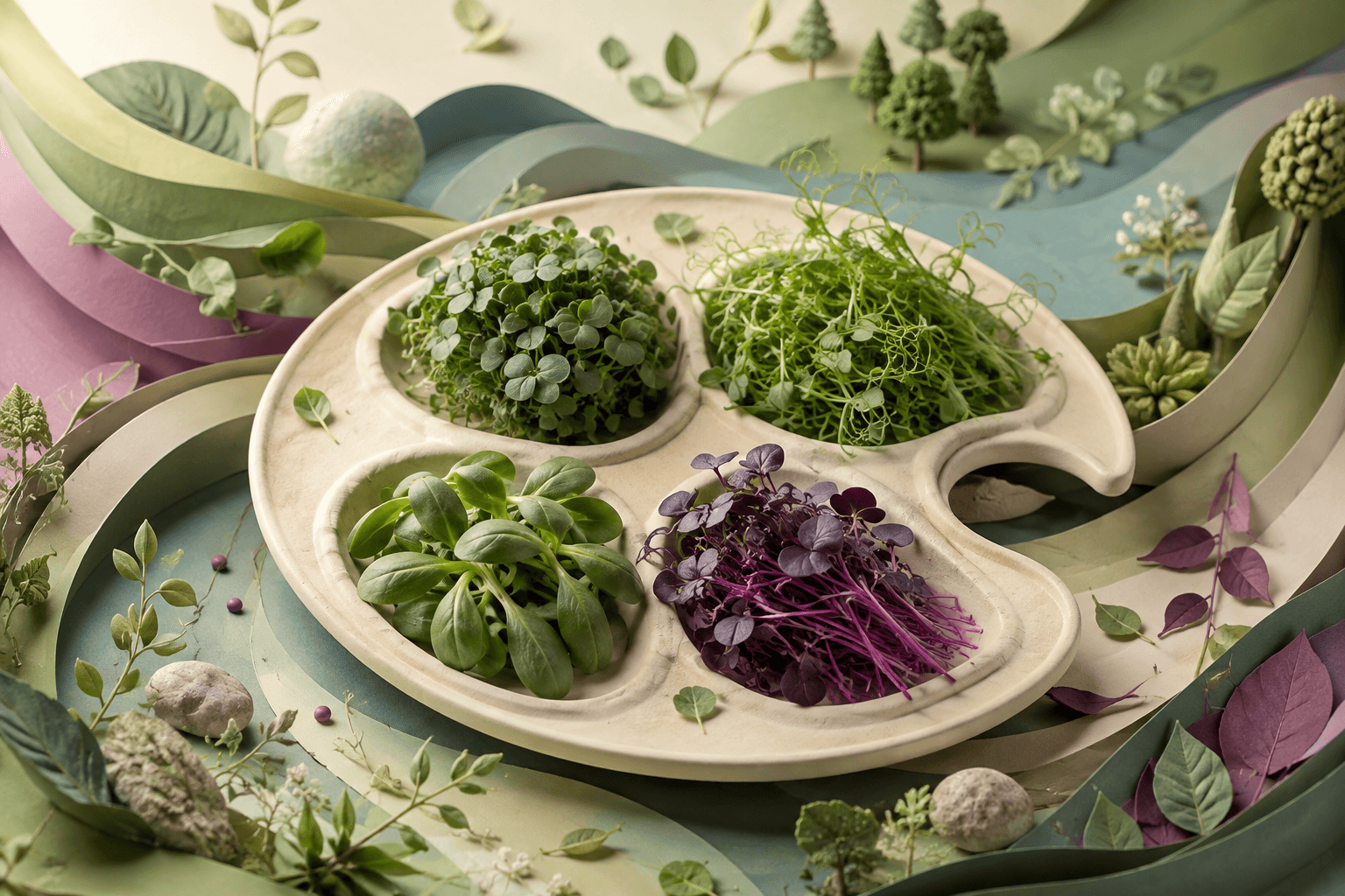 Botanical illustration of four microgreen varieties on a ceramic tasting palette