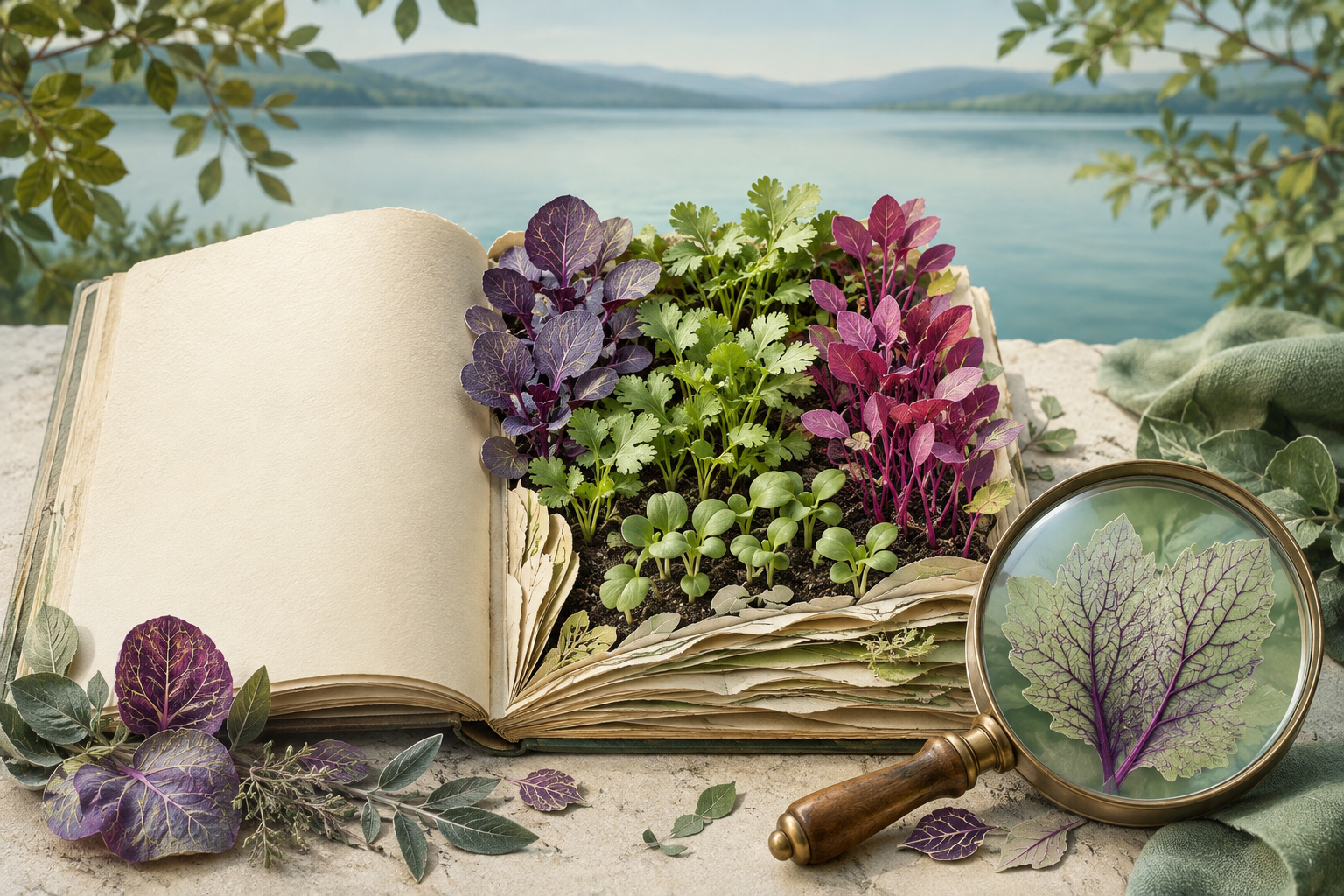 Illustrative botanical notebook growing colorful microgreens beside a magnifying glass and lake