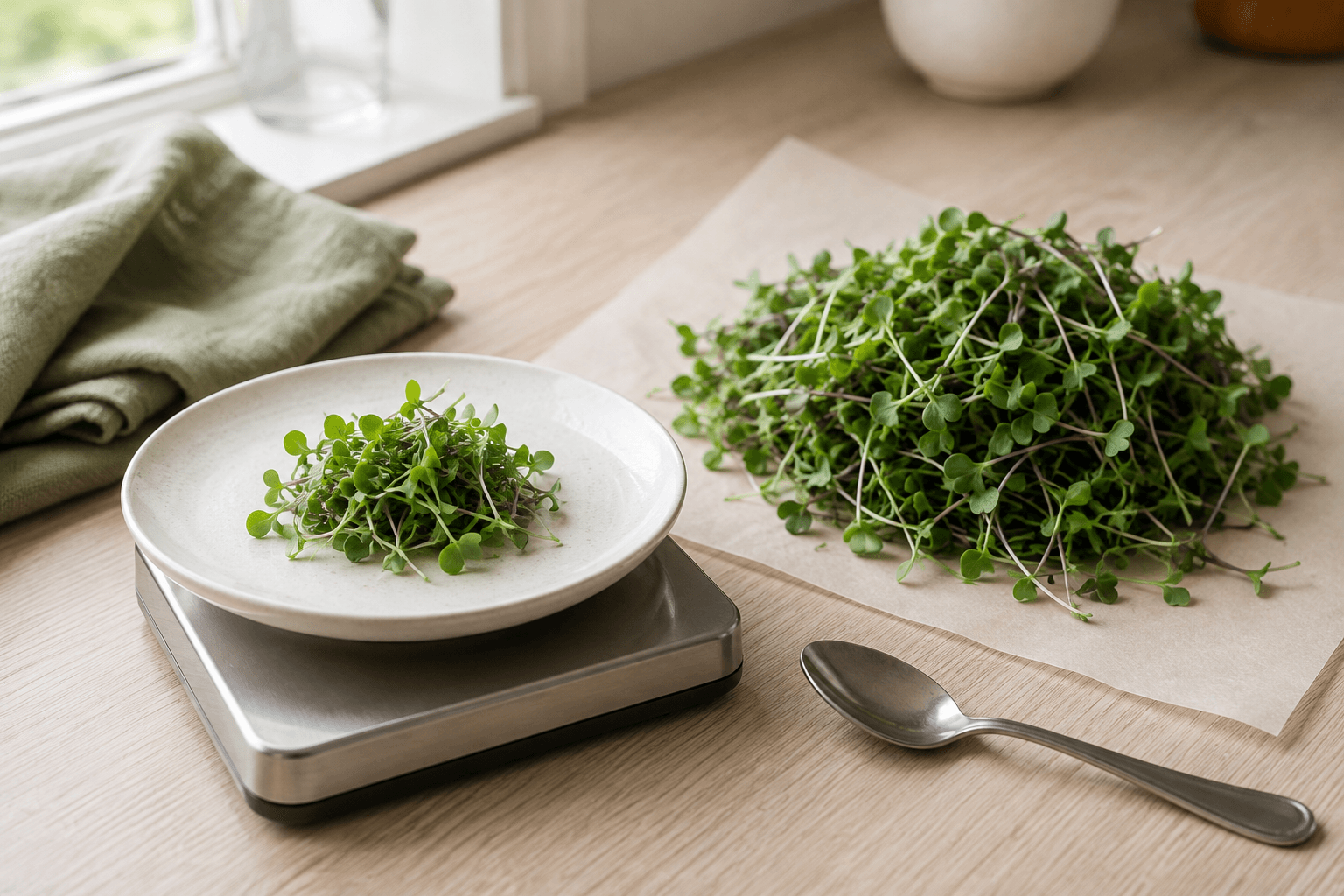 A small portion of microgreens on a saucer and kitchen scale beside loose greens