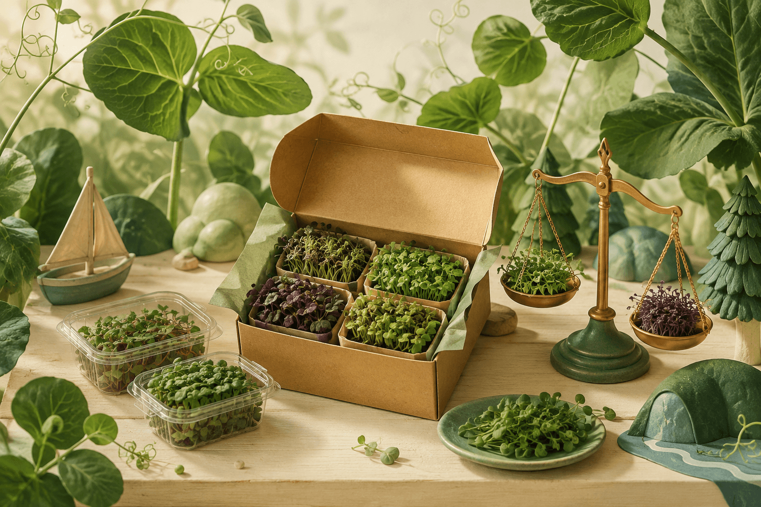 Illustrative microgreens box, separate packs and balance scale in a miniature garden